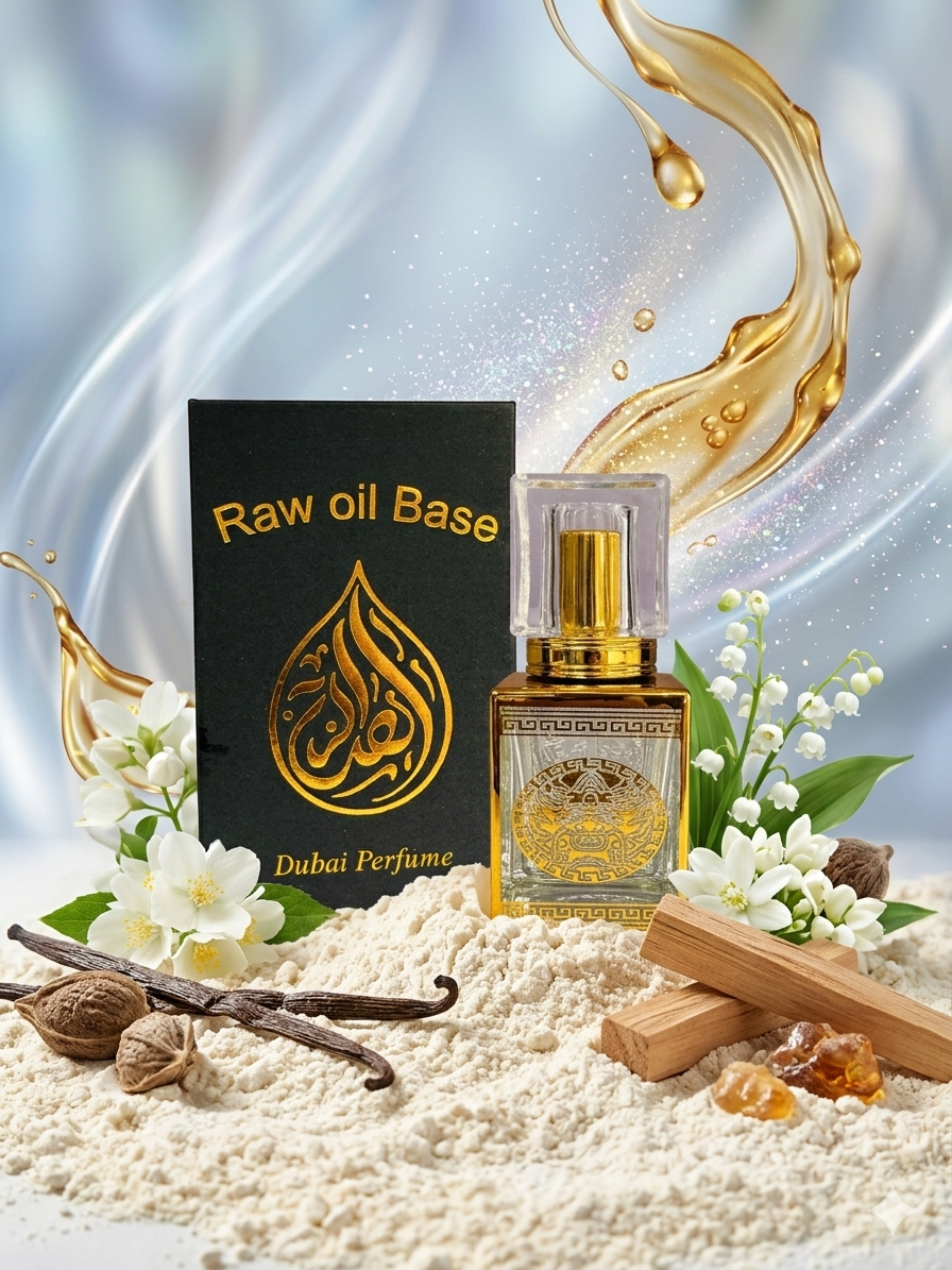 Dubai Perfume Raw Oil Base bottle with packaging, flowers, and vanilla beans on a textured surface.